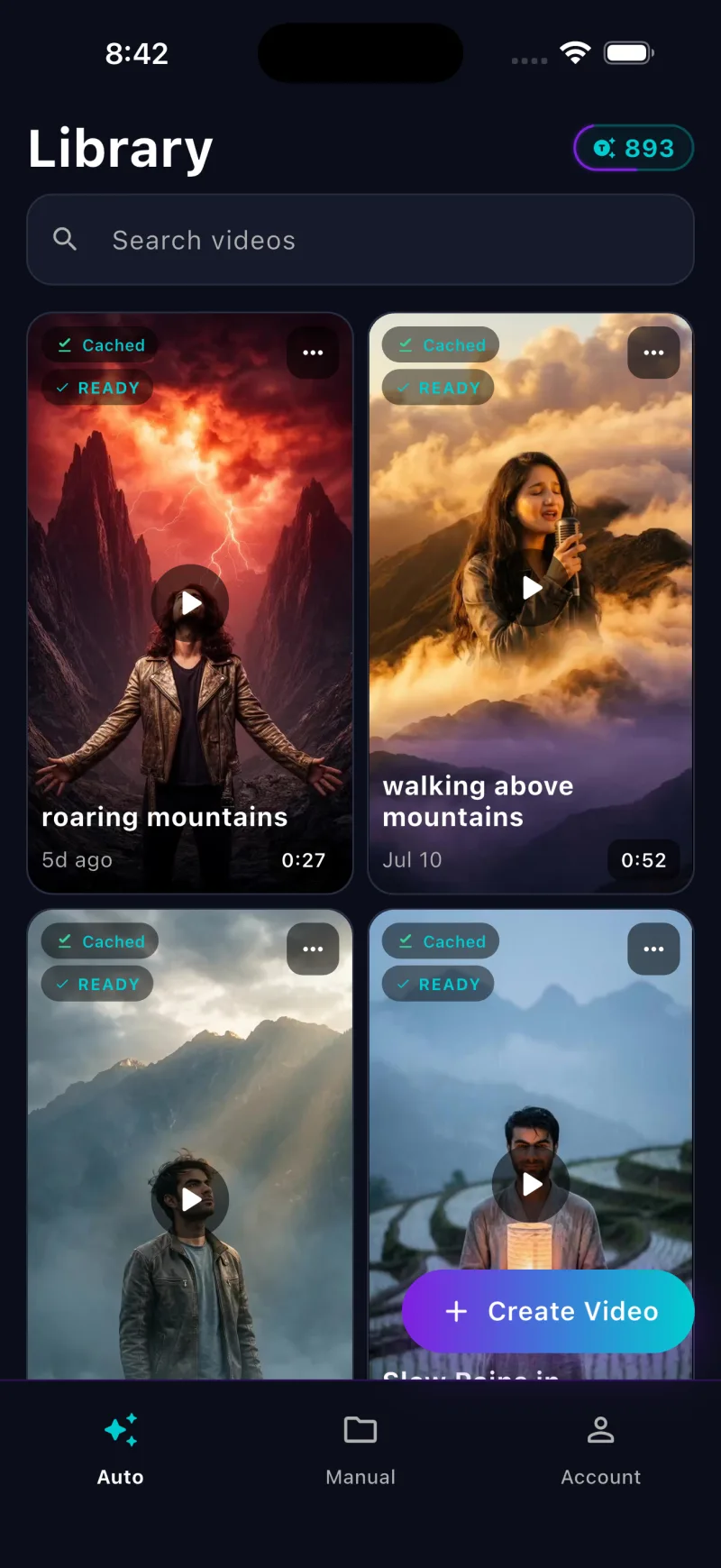 The TuneVid library, showing four finished AI music videos