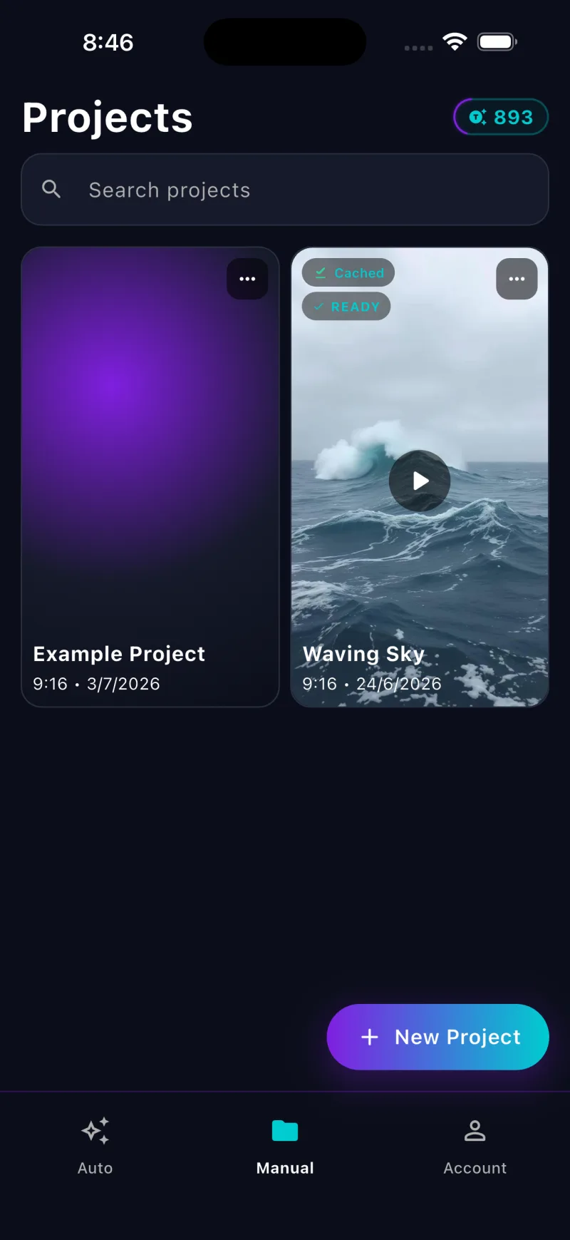 The projects list in TuneVid, showing two saved projects