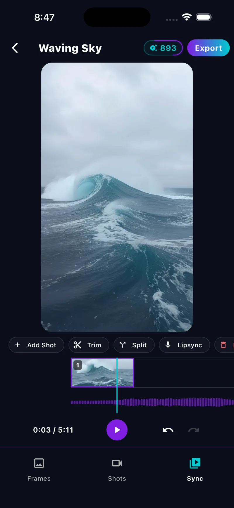 The TuneVid timeline editor, with a video clip above an audio waveform